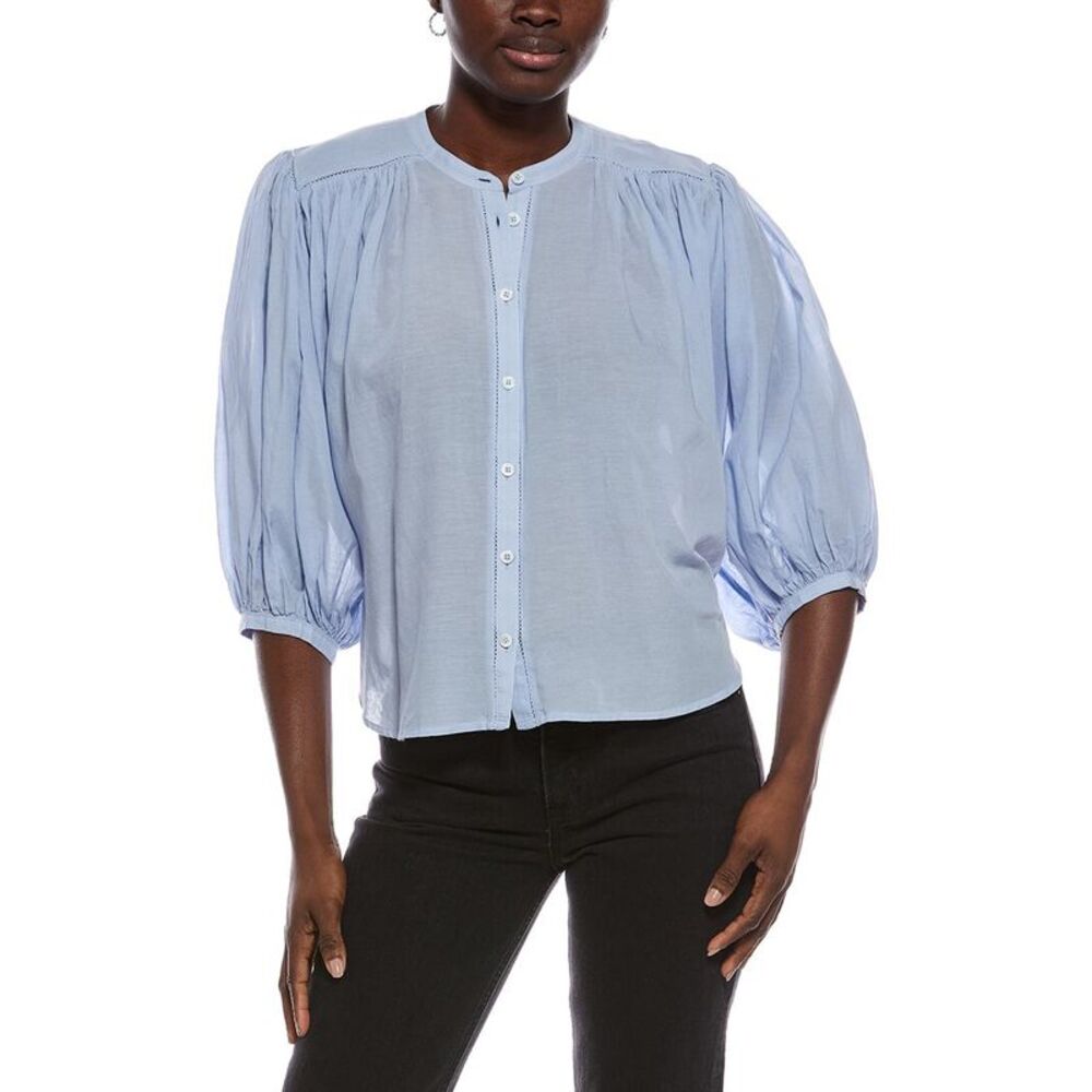Madewell Womens Shirred Crewneck Button-Up Top, Blue